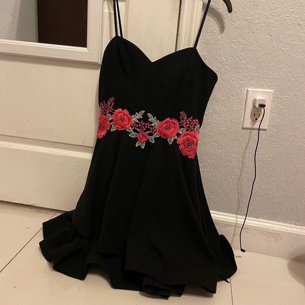 B. Smart Black Dress with Embroidered Roses